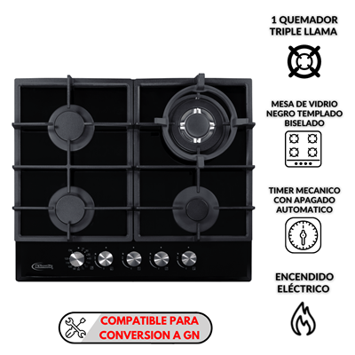 COCINA EMPOTRABLE A GAS 4 QUEMADORES KLIMATIC AOSTA 60CM