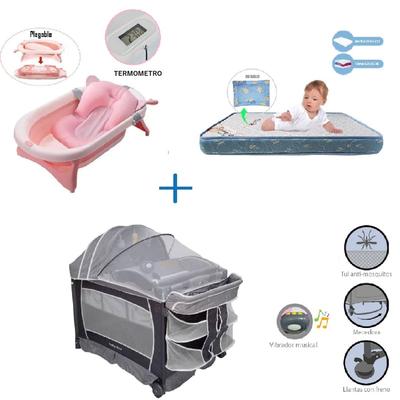 BABY KITS CUNA CORRAL VIBRADOR VERONA-COLCHON CELESTE-BAÑERA ROSA