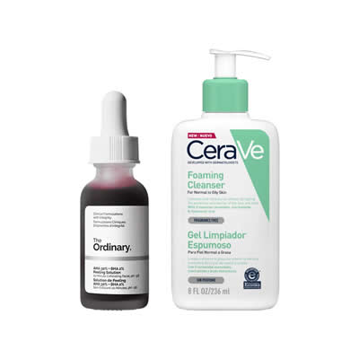 CERAVE SET TRATAMIENTO SERUM AHA 0.3 + BHA 0.02 PEELING SOLUTION + GEL LIMPIADOR ESPUMOSO 236 ML