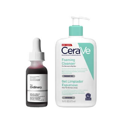 CERAVE SET TRATAMIENTO SERUM AHA 0.3 + BHA 0.02 PEELING SOLUTION + GEL LIMPIADOR ESPUMOSO 473 ML