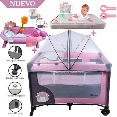 EBABY CUNA CORRAL HAPPY DREAM ROSADO-COLCHON Y BAÑERA