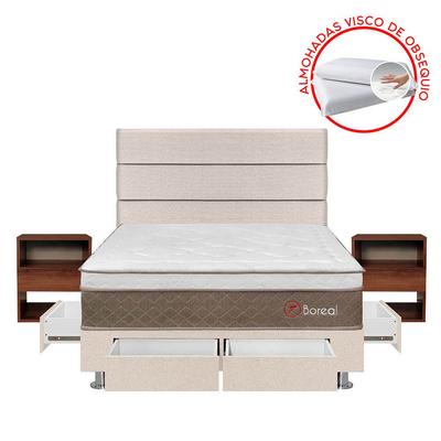 FORLI DORMITORIO BOREAL SS BEIGE QUEEN CON 4 CAJONES + VELADOR BORGUI + PROTECTOR + ALMOHADA