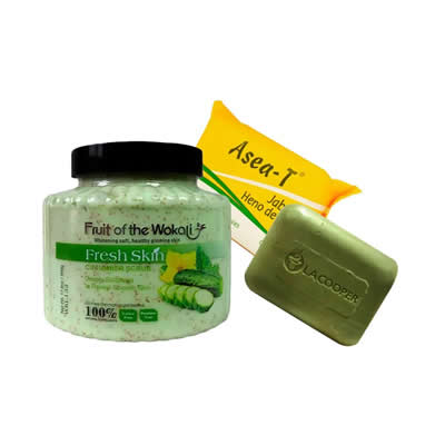 FRUIT OF THE WOKALI EXFOLIANTE CORPORAL PEPINO 500GR + REFINADOR POROS DE ALOE VERA 100GR CREMA