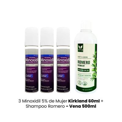 KIRKLAND 3 MINOXIDIL 5% DE MUJER 60ML + SHAMPOO ROMERO VENA 500ML