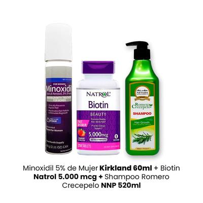 KIRKLAND MINOXIDIL 5% 60ML + BIOTIN NATROL 5.000 MCG + SHAMPOO ROMERO NNP 520ML