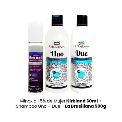 KIRKLAND MINOXIDIL 5% DE MUJER 60ML + SHAMPOO UNO + DUE LA BRASILIANA 500G