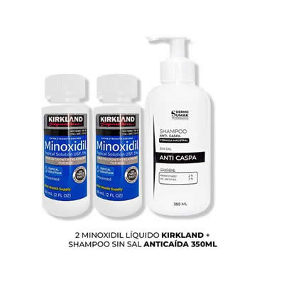 KIRKLAND TRATAMIENTO CAPILAR 2 UNIDADES MINOXIDIL LIQUIDO + SHAMPOO SIN SAL ANTICAIDA 250ML