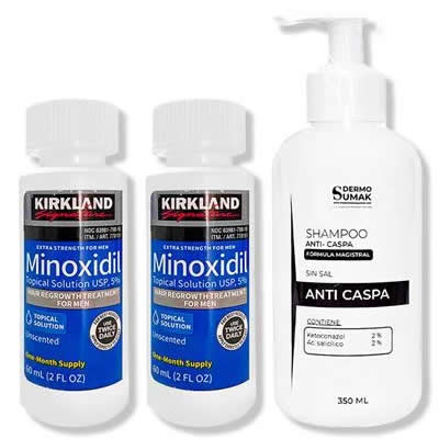 KIRKLAND TRATAMIENTO CAPILAR 2 UNIDADES MINOXIDIL LIQUIDO + SHAMPOO SIN SAL ANTICASPA 350ML