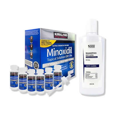 KIRKLAND TRATAMIENTO CAPILAR 6 UNIDADES MINOXIDIL LIQUIDO + SHAMPOO SIN SAL ANTICASPA 350ML