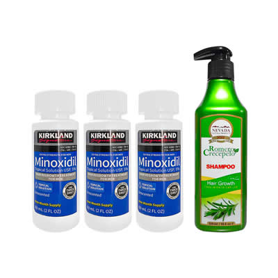 KIRKLAND TRATAMIENTO CAPILAR MINOXIDIL 5% M 60ML 3 UNID + SHAMPOO ROMERO CRECEPELO NNP 520ML