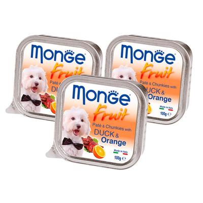 MONGE - PACK PATE EN LATA PARA PERROS ADULTOS FRUIT PATO Y NARANJA 3UN