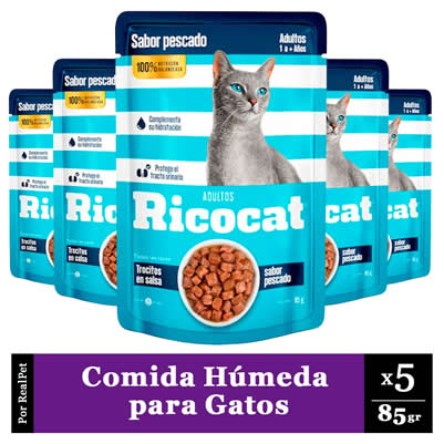 RICOCAT - PACK X5 COMIDA HUMEDA DE GATO TROCITOS PESCADO 85GR