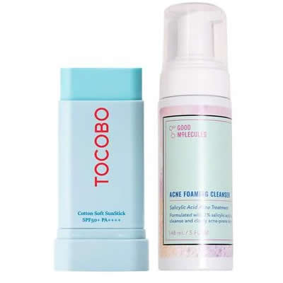 TOCOBO SET BLOQUEADOR FACIAL BARRA SOLAR SPF50 19 GR + ESPUMA LIMPIADORA GOOD MOLECULES 19 GR + 148 ML