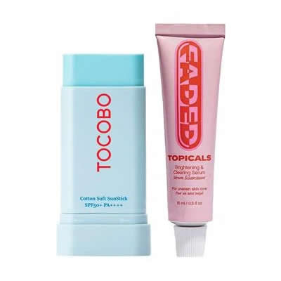 TOCOBO SET BLOQUEADOR FACIAL BARRA SOLAR SPF 50 19 GR + FADED MINI MANCHAS TOPICALS 15 GR