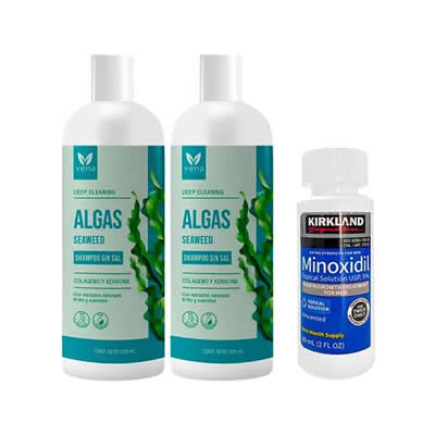 VENA SHAMPOO ALGAS SIN SAL 500G 2UDS + MINOXIDIL LIQUIDO 60ML KIRKLAND
