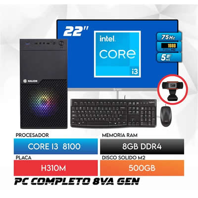 COMPUTADORA INTEL CORE I3 8100 8VA GEN 8GB RAM 500GB SSD MONITOR 22" FHD (I38100-8GB-500SSD-22FHD)