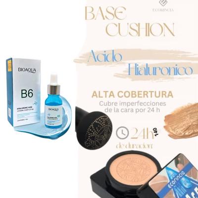 BIOAQUA SERUM + CREMA HIDRATANTE + BASE CUSHION ÁCIDO HIALURONICO - TONO 140