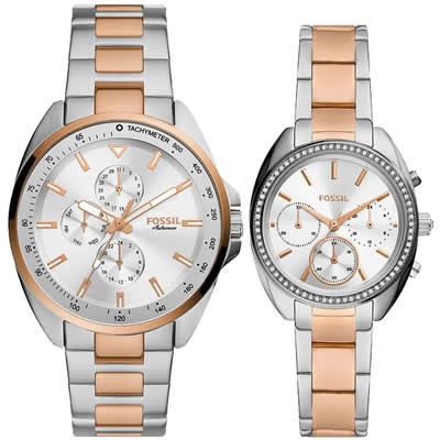 PACK 2 RELOJ FOSSIL UNISEX ANALOGO BQ2642SET AUTIOCROSS PLATEADO ORO ROSADO ACERO INOXIDABLE