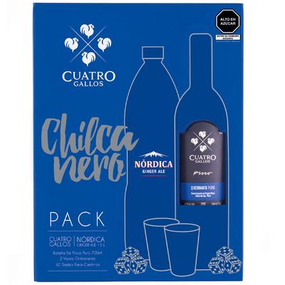 PACK PISCO QUEBRANTA CUATRO GALLOS BOTELLA 700ML + GASEOSA NORDICA BOTELLA 1.5L + VASO + DADOS