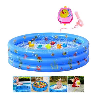 PISCINA INFLABLE GRANDE MUNDO MARINO XXL CELESTE +CHISGUETE MOCHILA PATITO