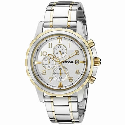 RELOJ FOSSIL HOMBRE ANALOGO FS4795 DEAN CRONOMETRO FECHA PLATEADO DORADO ACERO INOXIDABLE