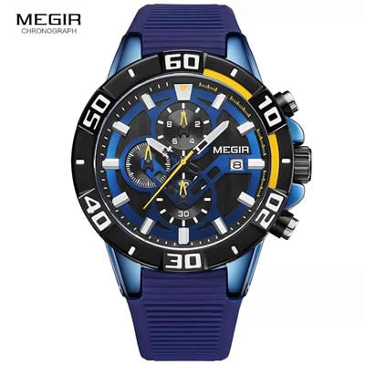 RELOJ MEGIR HOMBRE ANALOGO AZUL NEGRO MEG-11 ACERO SILICONA
