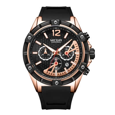 RELOJ MEGIR HOMBRE ANALOGO MEG-8 ORO ROSA NEGRO ACERO SILICONA