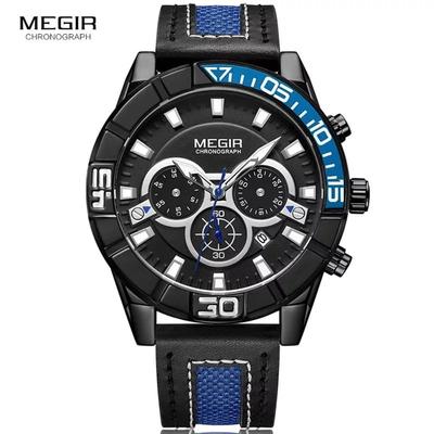 RELOJ MEGIR HOMBRE ANALOGO NEGRO AZUL MEG-31 ACERO CUERO