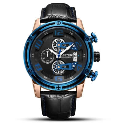 RELOJ MEGIR HOMBRE ANALOGO ORO ROSA AZUL NEGRO MEG-39 ACERO CUERO