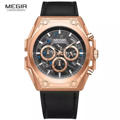 RELOJ MEGIR HOMBRE ANALOGO ORO ROSA NEGRO MEG-21 ACERO CUERO