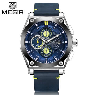 RELOJ MEGIR HOMBRE ANALOGO PLATEADO AZUL MEG-26 ACERO CUERO