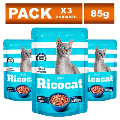 RICOCAT COMIDA ENLATADA PARA GATOS RICOCAT ADULTOS DE TROCITOS DE SALSA MARINA 85G X3