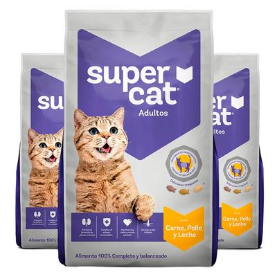 SUPERCAT COMIDA PARA GATOS SUPERCAT ADULTO CARNE POLLO Y LECHE 1KG X3
