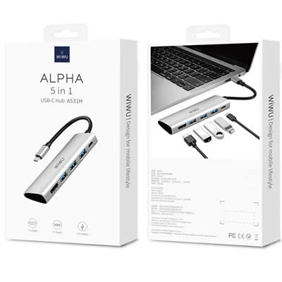 WIWU ADAPTADOR ALPHA A531H USB-C 5 EN 1 HUB MULTIPUERTO USB 3.0/HDMIX1/TYPE-C GRIS