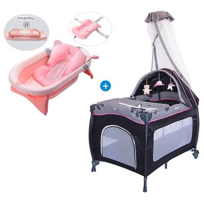 EBABY CUNA CORRAL MECEDORA SALLY ROSADO Y COLCHON + CAMINADOR LEON