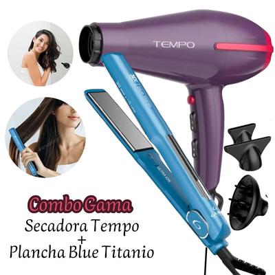 GAMA COMBO DE SECADORA PROFESIONAL TEMPO MORADA 3D MÁS PLANCHA ALISADORA BLUE TITANIO 3D KS-2528