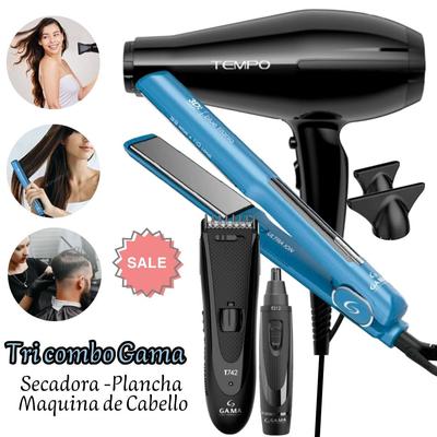 GAMA TRIO SECADORA PROFESIONAL TEMPO - PLANCHA ALISADORA BLUE TITANIO 3D-MAQUINA BLACK KS-2530