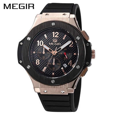 MEGIR RELOJ HOMBRE ANALOGO ORO ROSA NEGRO MEG16 ACERO SILICONA