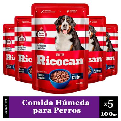 RICOCAN PACK X5 COMIDA HUMEDA PERRO TROCITOS CORDERO 100GR