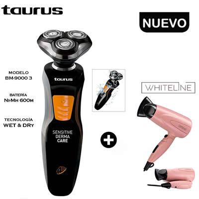 TAURUS AFEITADOR BM-9000 SENSITIVE DERMA CARE + SECADORA CABELLO WHITLINE ORO ROSA