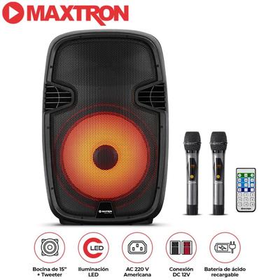 PARLANTE PORTATIL MAXTRON MX1550V FULL FIESTA 15 PULGADAS USB BT TWS + 2 MICROFONO INALAMBRICO