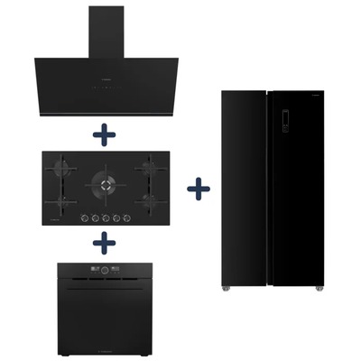 CAMPANA DECORATIVA SOLE PUREBLACK 90CM + ENCIMERA VIDRIO GAS 90CM + HORNO EMPOTRABLE 75LT + REFRIGERADORA SIDE BY SIDE LONDON