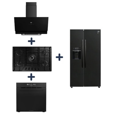 ENCIMERA VIDRIO TEMPLADO SOLE 76CM + CAMPANA EXTRACTORA SIGNATURE 90CM + HORNO EMPOTRABLE 75LT PUREBLACK + REFRIGERADORA SIDE BY SIDE BOSTON