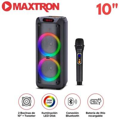 MAXTRON TORRE DE SONIDO MX 1001 ZENITH 2 BOCINA 10 PULGADA 1 MICROFONO LED DISK